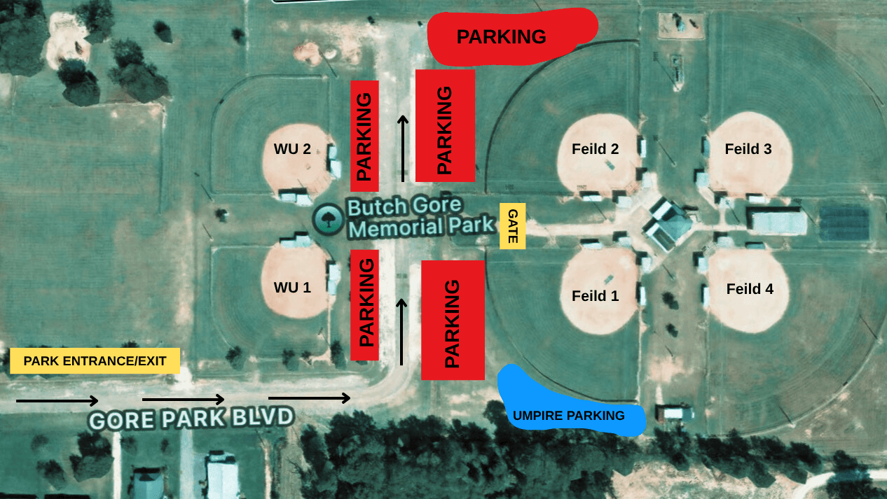 Butch Gore Memorial Park field and parking map